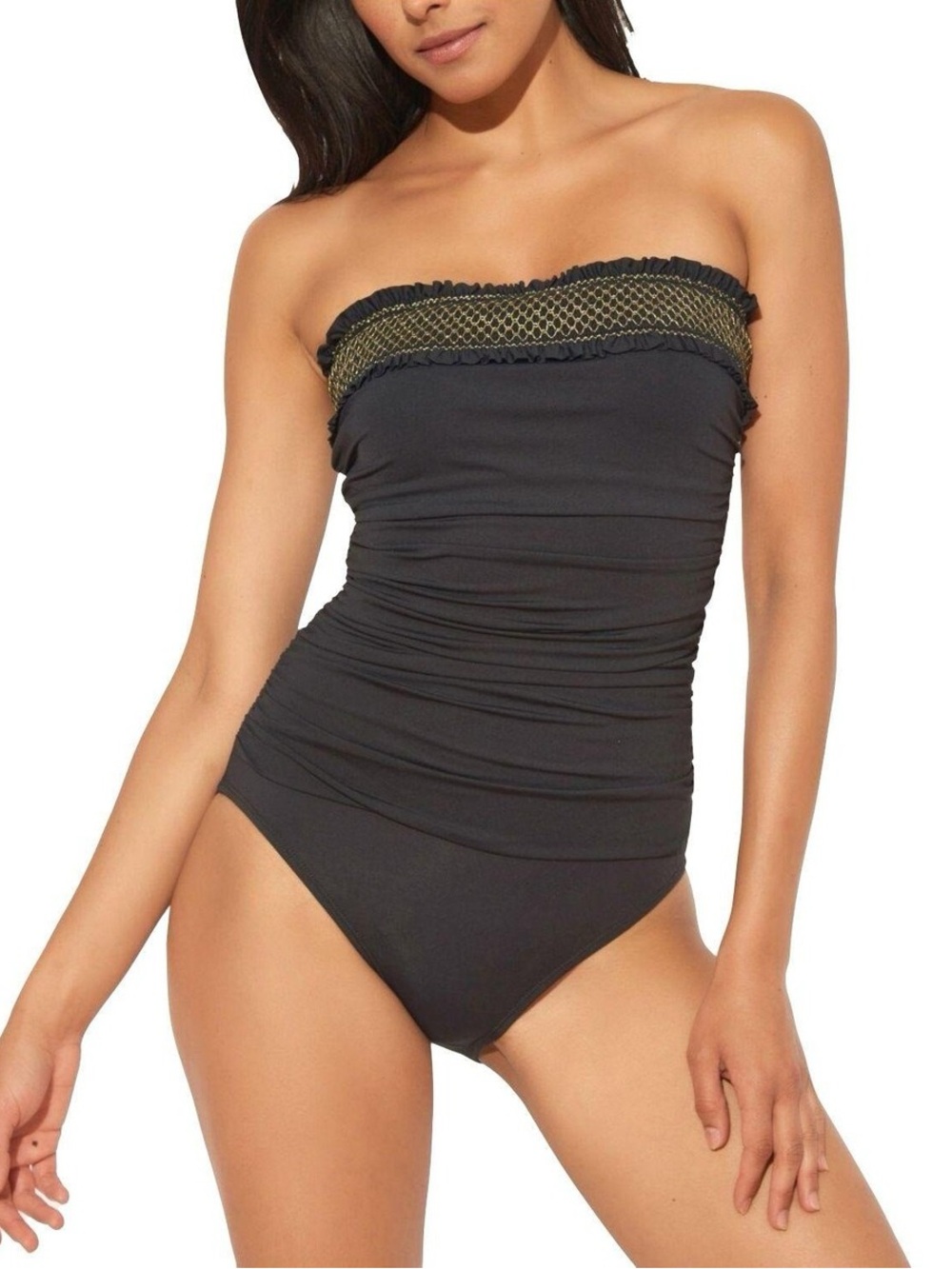 Bleu Rod Beattie Black Strapless One-Piece with Gold Trim